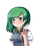  1girl asymmetrical_hair blue_eyes blush breasts bust embarrassed frown green_hair highres mono_(mono60) no_hat puffy_short_sleeves puffy_sleeves shiki_eiki short_sleeves simple_background solo tabard touhou v white_background 