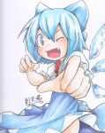  1girl absurdres blue_eyes blue_hair blush cirno highres ice ice_wings one_eye_closed open_mouth short_hair smile sokutenkun solo touhou traditional_media wings 