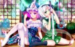  2girls adapted_costume bakanoe blue_dress cherry_blossoms collared_shirt colored_eyelashes dress electric_fan fan folding_fan food frilled_dress frills fruit green_eyes hitodama ice_cream knees_together_feet_apart knees_up konpaku_youmu konpaku_youmu_(ghost) looking_at_viewer mob_cap moon multiple_girls purple_hair saigyouji_yuyuko short_hair shouji sitting skirt sliding_doors smile socks sword table thigh-highs touhou triangular_headpiece vest violet_eyes wariza watermelon weapon white_hair wind_chime 