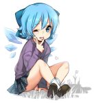  1girl alternate_costume blue_eyes blue_hair bow cirno crossed_legs grass hair_bow ice ice_wings long_sleeves looking_at_viewer one_eye_closed pleated_skirt pose school_uniform sitting skirt solo sweater takotsu tongue tongue_out touhou wings 