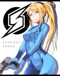  blonde_hair bodysuit ginopi green_eyes gun handgun highres metroid pistol ponytail samus_aran weapon zero_suit 