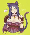  animal_ears black_hair breasts caitlyn_(league_of_legends) cat_ears cat_tail cleavage dress envyra green_eyes large_breasts league_of_legends purple_dress tagme tail 
