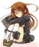  1girl brown_eyes brown_hair glasses hita_(hitapita) kantai_collection kneehighs leg_hug loafers long_hair long_sleeves looking_at_viewer machinery mochizuki_(kantai_collection) panties pink_panties shoes skirt solo twitter_username underwear white_legwear 