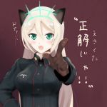  1girl animal_ears blonde_hair blush brown_gloves buttons cat_ears gloves green_eyes heinrike_prinzessin_zu_sayn-wittgenstein hirschgeweih_antennas long_hair long_sleeves looking_at_viewer military military_uniform open_mouth pointing pointing_at_viewer smile solo strike_witches translation_request uniform yan@ 
