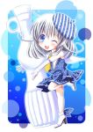  1girl ;d ahoge beret blue_eyes bottle chibi elbow_gloves gloves hat looking_at_viewer maya_(tirolpop) object_hug one_eye_closed open_mouth original silver_hair smile solo standing_on_one_leg white_gloves 