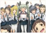  6+girls anchovy arm_around_shoulder belt beret birthday birthday_cake black_hair blonde_hair blush braid brown_eyes brown_hair cake candle cape carpaccio closed_eyes food girls_und_panzer glasses green_eyes green_hair hat holding long_hair multiple_girls necktie open_mouth pantyhose pepperoni_(girls_und_panzer) pleated_skirt ponytail school_uniform short_hair single_braid skirt smile solokov_(okb-999) v white_background white_legwear 