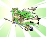  1girl armlet bare_shoulders belt circlet dress flying goddess green_eyes green_hair holding jewelry kid_icarus kid_icarus_uprising long_hair necklace palutena setz smile solo staff vambraces very_long_hair white_dress 