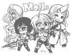  4girls absurdly_long_hair ass black_hair blood breasts breasts_outside bullet_hole bulletproof_vest chibi cyclops doppel_(monster_musume) doppelganger dual_wielding fang gun heterochromia horn long_hair manako monochrome monster_musume_no_iru_nichijou multiple_girls no_nipples nude one-eyed one_eye_closed oni open_clothes rifle scar shake-o sharp_teeth sketch smile sniper_rifle stitches submachine_gun tears tionishia very_long_hair weapon zombie zombina 