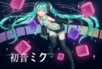  1girl aqua_eyes aqua_hair blush boots character_name cube detached_sleeves hatsune_miku headset leaning_forward long_hair looking_at_viewer necktie open_mouth skirt solo sparkle thigh-highs thigh_boots very_long_hair vocaloid yonggi zettai_ryouiki 