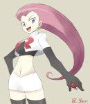  1girl black_gloves black_legwear blue_eyes crop_top earrings elbow_gloves gloves holding holding_poke_ball jewelry long_hair midriff miniskirt musashi_(pokemon) open_mouth poke_ball pokemon pokemon_(anime) redhead skirt solo souji team_rocket thigh-highs twitter_username uniform zettai_ryouiki 