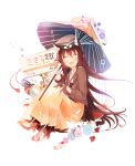  1girl animal_ears brown_hair crying flower fox_ears fox_tail hakama hat highres holding japanese_clothes kirero locomotive looking_at_viewer open_mouth oriental_umbrella original peaked_cap shoes simple_background sitting smile solo tail umbrella white_background 