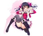  &gt;;d 1girl \m/ black_hair blush bowtie double_\m/ double_bun frills hair_bun hair_ornament hair_ribbon hairclip hayakawa_harui idol looking_at_viewer love_live!_school_idol_project panties pantyshot red_eyes ribbon solo striped striped_panties twintails underwear yazawa_nico 