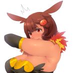  /\/\/\ 1girl akira_(natsumemo) armpits breasts brown_hair cleavage elbow_gloves emboar fang gloves hair_ornament open_mouth personification pokemon red_eyes solo tan tears 