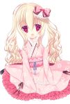  1girl :d animal_ears blonde_hair frills hair_ornament japanese_clothes lolita_fashion long_hair looking_at_viewer open_mouth original rabbit_ears red_eyes sitting smile solo sumii wa_lolita 