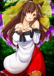  1girl animal_ears bare_shoulders breasts brooch brown_hair cleavage collarbone fang full_moon hands_on_own_chest imaizumi_kagerou jewelry large_breasts long_hair long_sleeves looking_at_viewer memento_mori_(m.m) moon night off_shoulder open_mouth red_eyes red_nails shirt skirt sky solo tail touhou wide_sleeves wolf_ears wolf_tail 