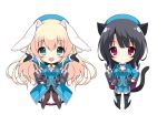  2girls :d animal_ears ascot atago_(kantai_collection) ayase_hazuki beret black_hair black_legwear blonde_hair blue_eyes bowtie cat_ears cat_tail chibi garter_straps hand_on_hip hat kantai_collection long_hair looking_at_viewer machinery multiple_girls open_mouth outstretched_arms pantyhose rabbit_ears red_eyes short_hair smile spread_arms tail takao_(kantai_collection) uniform 