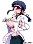  1girl black_hair breasts cleavage cyclops hitomi_(hitomi_sensei_no_hokenshitsu) hitomi_sensei_no_hokenshitsu labcoat long_hair long_sleeves official_art one-eyed open_mouth payot red_eyes shake-o simple_background smile solo tape_measure white_background 