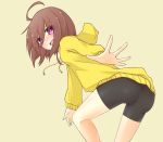  1girl ahoge ass bike_shorts blush brown_hair highres hoodie linne mei_mu outstretched_hand red_eyes short_hair solo under_night_in-birth 
