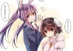  2girls :d animal_ears black_hair inaba_tewi long_hair mimoto_(aszxdfcv) multiple_girls open_mouth puffy_short_sleeves puffy_sleeves purple_hair rabbit_ears reisen_udongein_inaba short_hair short_sleeves smile touhou translation_request twintails violet_eyes 