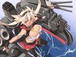  1girl black_gloves black_legwear blonde_hair breasts fingerless_gloves from_above glasses gloves hairband kantai_collection large_breasts long_hair machinery mtu_(orewamuzituda) musashi_(kantai_collection) open_mouth red_eyes sarashi signature sketch solo standing thigh-highs 