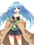  1girl :d blue_eyes blue_hair breasts character_request holding ite_fuji long_hair looking_at_viewer open_mouth pleated_skirt skirt smile solo staff yuu-gi-ou 