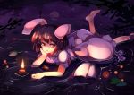  1girl animal_ears black_hair candle carrot_necklace dress in_water inaba_tewi looking_at_viewer lying on_stomach rabbit_ears red_eyes short_hair sketch solo touhou yetworldview_kaze 