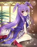  1girl angelmaster animal_ears bunny_tail harimoji holding long_hair looking_at_viewer official_art open_mouth original pleated_skirt pocket_watch purple_hair rabbit_ears sitting skirt solo sparkle tail violet_eyes watch 