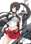  1girl asya bare_shoulders belt black_hair cowboy_shot gloves highres kantai_collection looking_at_viewer machinery midriff navel pleated_skirt ponytail red_eyes red_skirt sailor_collar simple_background skirt sleeveless solo white_background white_gloves yahagi_(kantai_collection) 