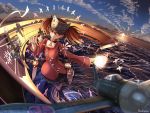  1girl airplane artist_name blurry brown_eyes brown_hair clouds crossed_legs depth_of_field flat_chest head_tilt japanese_clothes kantai_collection kariginu machinery magatama ocean onmyouji ryuujou_(kantai_collection) scroll shikigami signature skirt sky solo standing standing_on_water suohachi twintails visor_cap 