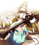  1girl blue_eyes blue_hair blurry breasts cleavage depth_of_field gun hair_ornament hairclip haribote_(tarao) holding looking_at_viewer lying parted_lips rifle scarf shinon_(sao) short_hair sniper_rifle solo sword_art_online weapon 