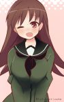  1girl 9law ;o blush breasts brown_eyes brown_hair bust highres kantai_collection long_hair looking_at_viewer one_eye_closed ooi_(kantai_collection) open_mouth school_uniform serafuku solo twitter_username 