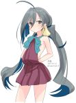  1girl adapted_costume ahoge blush character_name cowboy_shot dated flat_chest fujishiro_touma grey_eyes grey_hair kantai_collection kiyoshimo_(kantai_collection) long_hair no_bra solo twintails twitter_username very_long_hair 