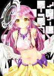  1girl absurdres angel_wings arms_behind_back breasts highres jibril_(no_game_no_life) kasappi long_hair looking_at_viewer navel no_game_no_life purple_hair sideboob smile solo wings yellow_eyes 