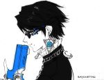 1girl bayonetta bayonetta_(character) bayonetta_2 black_hair blue earrings glasses gun jewelry mole nanami_(fuku) profile short_hair solo weapon 