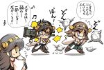  3girls anger_vein angry bandages black_hair brown_hair chibi detached_sleeves explosion food glasses hairband haruna_(kantai_collection) hiei_(kantai_collection) hisahiko japanese_clothes kantai_collection kirishima_(kantai_collection) machinery multiple_girls musical_note nontraditional_miko onigiri open_mouth pillow pillow_hug plaid plaid_skirt skirt star star-shaped_pupils symbol-shaped_pupils thigh-highs translated turret wide_sleeves yellow_eyes 