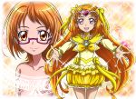  2girls bow brooch brown_eyes brown_hair bubble_skirt choker circlet cure_muse_(yellow) dual_persona earrings frills glasses hair_bow hanzou heart jewelry long_hair magical_girl multiple_girls musical_note orange_hair pink-framed_glasses pink_eyes precure ribbon shirabe_ako short_hair skirt smile suite_precure topless yellow_skirt 