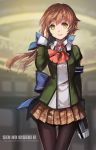  1girl :d artist_name ascot black_legwear bow brown_hair copyright_name eiyuu_densetsu green_eyes hair_bow hair_ribbon long_hair looking_at_viewer low_ponytail open_mouth pantyhose plaid plaid_skirt pleated_skirt ribbon school_uniform sen_no_kiseki sen_no_kiseki_2 skirt smile solo swd3e2 towa_herschel wind 