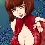  1girl anna_williams bangs bare_shoulders blue_eyes blunt_bangs bob_cut breasts bridal_gauntlets brown_hair bust china_dress chinese_clothes cleavage cleavage_cutout elbow_gloves enushi_(3_7_1) eyelashes eyeliner gloves large_breasts light_smile lips lipstick makeup short_hair solo tekken 