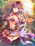  1girl angelmaster arrow bow_(weapon) breasts cat cleavage grey_hair hair_ornament holding long_hair looking_at_viewer navel neme official_art original squatting violet_eyes weapon 