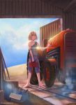  1girl blonde_hair clouds dead-robot farm naked_overalls original overalls sky solo toolbox tractor 