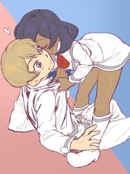  1boy 1girl assertive bent_over black_hair blush boots brown_hair cheek_kiss closed_eyes dark_skin dexio_(pokemon) fallen_down girl_on_top hetero interracial kiss knee_boots miniskirt natto_soup necktie necktie_grab pokemon pokemon_(game) pokemon_xy shirt_grab short_hair sina_(pokemon) skirt 