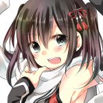  1girl :d amanayori armpits bare_shoulders black_eyes black_hair blush close-up elbow_gloves face gloves hair_ornament kantai_collection looking_at_viewer open_mouth sailor_collar scarf sendai_(kantai_collection) short_hair simple_background smile solo two_side_up white_background white_scarf 
