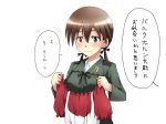  1girl brown_eyes brown_hair dirndl german_clothes gertrud_barkhorn hair_ribbon isosceles_triangle_(xyzxyzxyz) military military_uniform ribbon solo strike_witches translated twintails uniform 