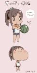  1girl 2koma brown_hair chibi comic dated eating food fruit i-401_(kantai_collection) kantai_collection one-piece_swimsuit ponytail school_swimsuit shiden-raiden short_hair solo swimsuit swimsuit_under_clothes translated watermelon 