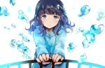 1girl arm_support blue_eyes blue_hair blush bubble hoodie long_hair original solo tan_(tangent) white_background 