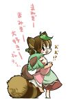  2girls ahoge animal_ears bloomers brown_hair chibi closed_eyes futatsuiwa_mamizou glasses green_hair highres hug hug_from_behind kasodani_kyouko leaf leaf_on_head multiple_girls namauni open_mouth raccoon_ears raccoon_tail smile tail touhou translation_request underwear 