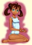  1girl antenna_hair barefoot blush blush_stickers brown_hair cupping_hands green_eyes holding holding_poke_ball long_hair looking_at_viewer one-piece_swimsuit poke_ball pokemon pokemon_(game) pokemon_xy quad_tails sana_(pokemon) sitting small_breasts smile solo swimsuit toes toranoe wariza 