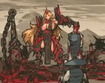  1girl armor battlefield blonde_hair blood breasts club death faulds full_armor gauntlets highres horn hoshiguma_yuugi huge_breasts nameo_(judgemasterkou) oni planted_weapon red_eyes sideboob solo_focus spiked_club spikes touhou weapon 