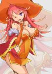  1girl bare_shoulders blue_eyes breasts cleavage detached_sleeves dress hat large_breasts long_hair looking_at_viewer memento_vivi one_eye_closed open_mouth orange_dress pink_hair puzzle_&amp;_dragons raira_(p&amp;d) smile star wide_sleeves witch_hat zoom_layer 