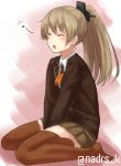  1girl ascot between_thighs blush brown_hair brown_legwear closed_eyes kantai_collection kumano_(kantai_collection) long_hair no_shoes open_mouth ponytail school_uniform sitting skirt sleepy solo spitfire99 tears twitter_username v_arms wariza 